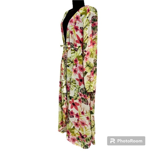 GOA Beachwear by Japna Drawstring Waist Floral Print Chiffon Coverup Robe L - Picture 2 of 8